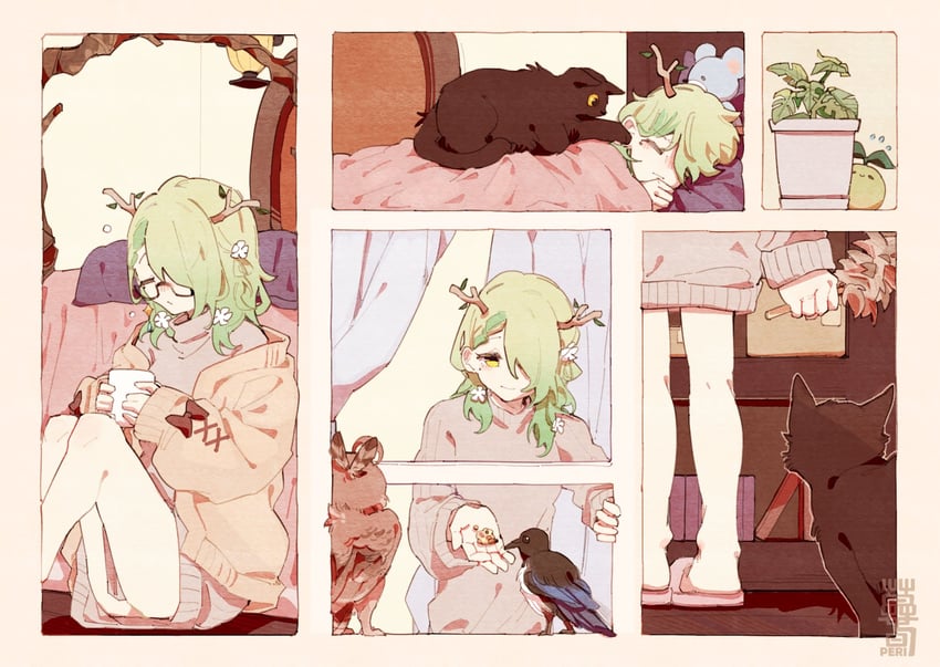 nanashi mumei, ceres fauna, sapling, shadow, and snail (hololive and 1 more) drawn by peri_drsg