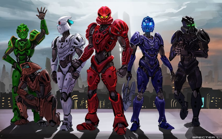 vakama, nokama, matau, onewa, nuju, and 1 more (the lego group and 1 more) drawn by specter_l