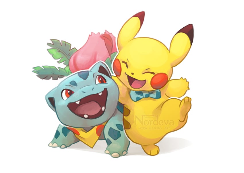 pikachu and ivysaur (pokemon and 1 more) drawn by nordeva