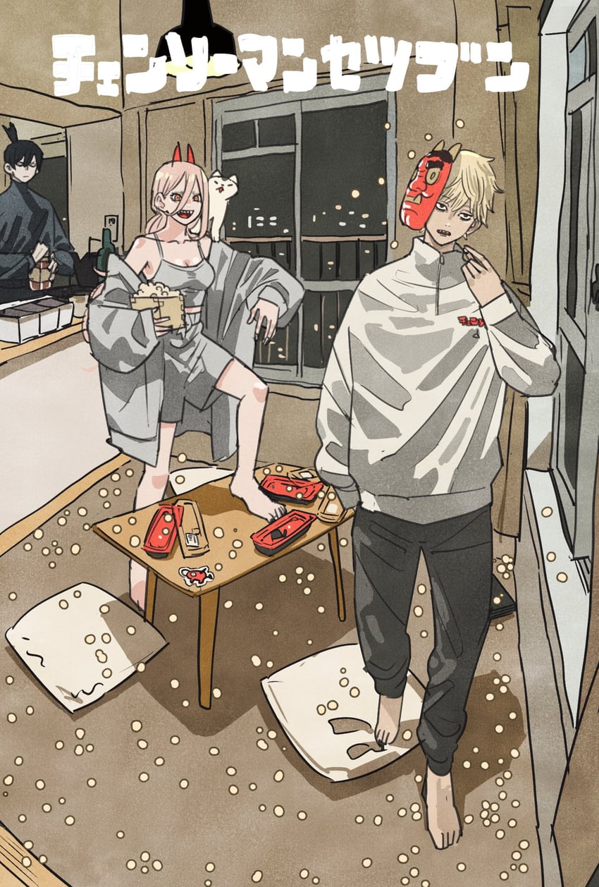 power, denji, hayakawa aki, pochita, and meowy (chainsaw man) drawn by takeuchi_ryousuke