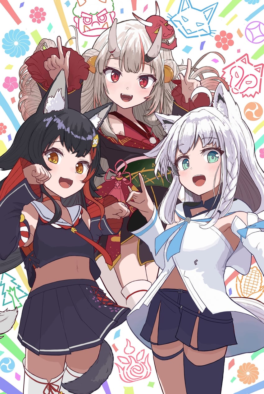 shirakami fubuki, ookami mio, and nakiri ayame (hololive) drawn by tokioooiio