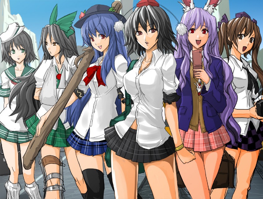 shameimaru aya, reisen udongein inaba, reiuji utsuho, hinanawi tenshi, himekaidou hatate, and 1 more (touhou and 1 more) drawn by erugiza