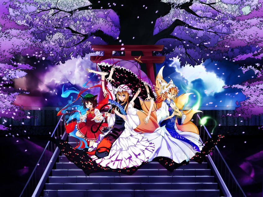 yakumo yukari, yakumo ran, and chen (touhou) drawn by alxz