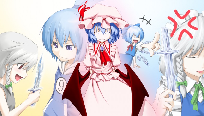 remilia scarlet, izayoi sakuya, cirno, and cirno-nee (touhou) drawn by kentairui