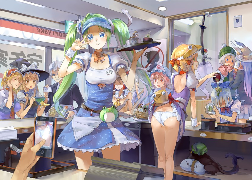 hakurei reimu, kirisame marisa, kochiya sanae, konpaku youmu, cirno, and 12 more (touhou) drawn by 77gl