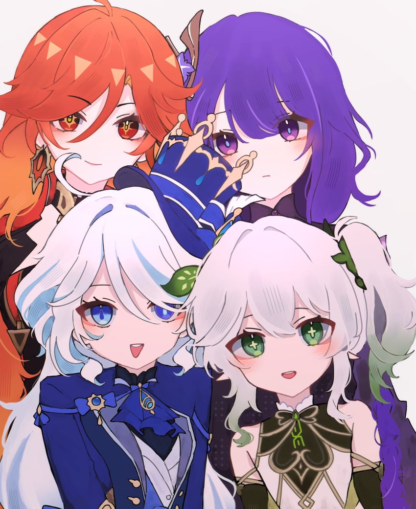 raiden shogun, furina, nahida, and mavuika (genshin impact) drawn by rumii