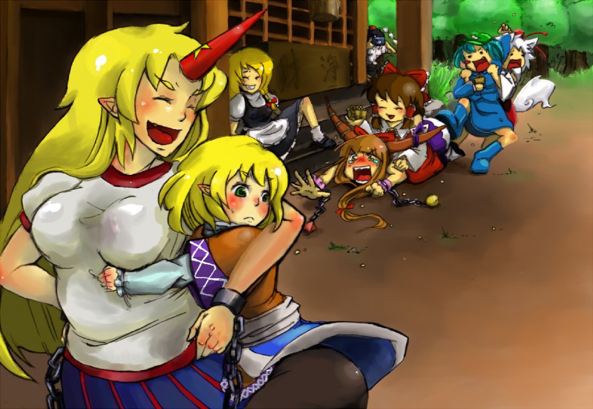 hakurei reimu, kirisame marisa, shameimaru aya, inubashiri momiji, kawashiro nitori, and 3 more (touhou) drawn by inu_poteto