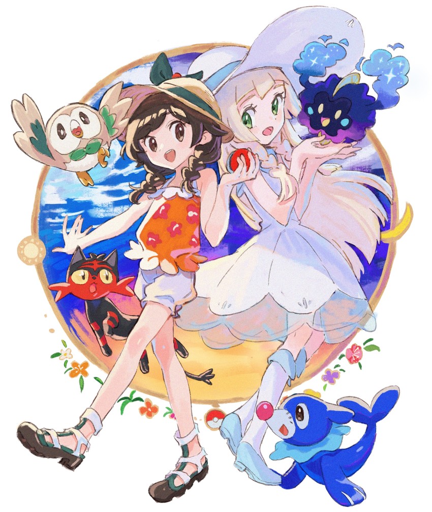 lillie, selene, rowlet, popplio, litten, and 1 more (pokemon and 1 more) drawn by rakudra