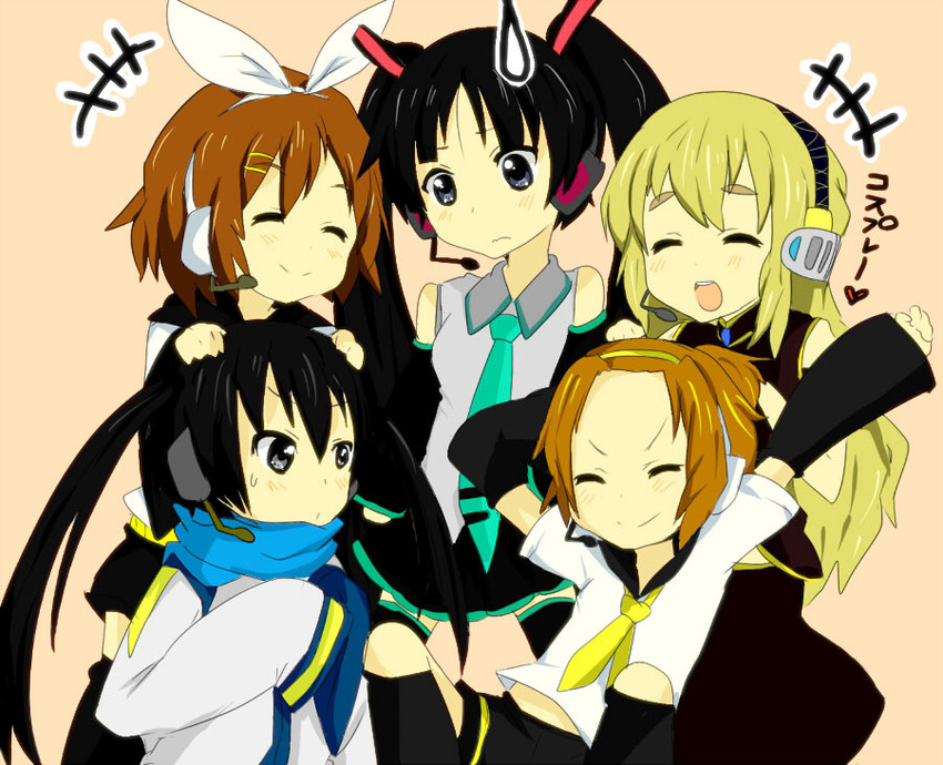 hatsune miku, kagamine rin, kagamine len, megurine luka, akiyama mio, and 5 more (vocaloid and 1 more) drawn by pun2