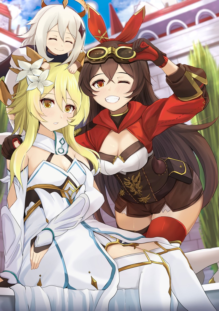 lumine, paimon, and amber (genshin impact) drawn by kanzaki_kureha