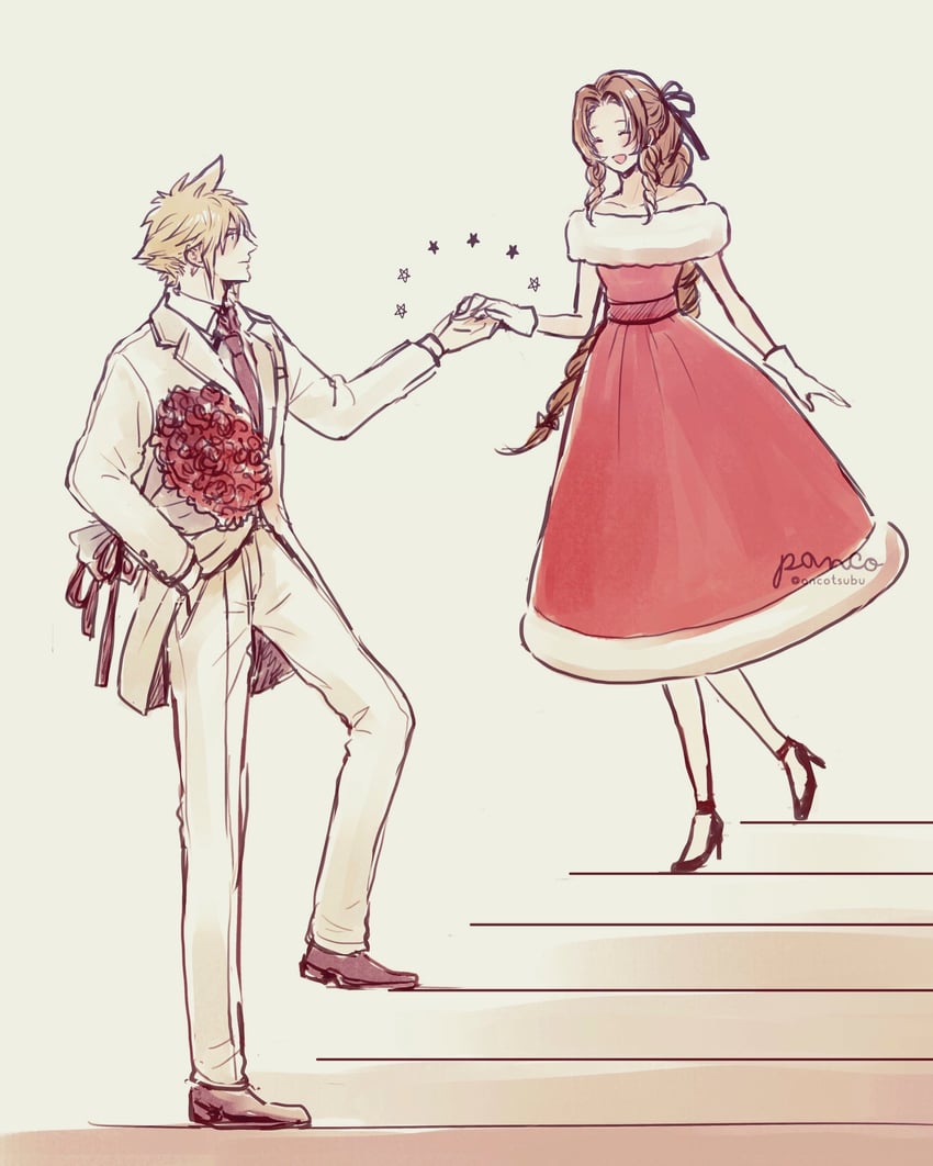 cloud strife and aerith gainsborough (final fantasy and 2 more) drawn by ancotsubu