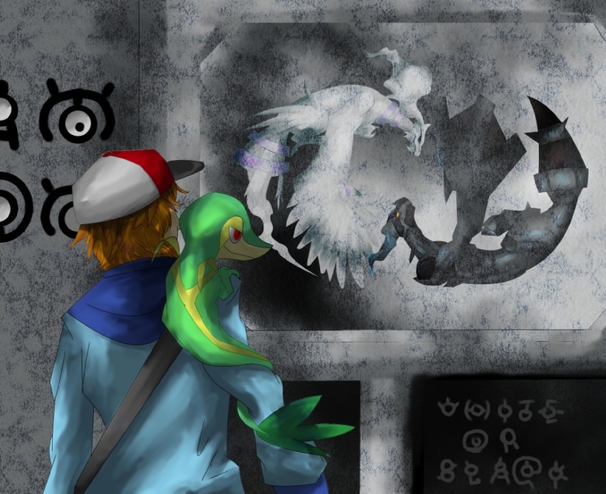 hilbert, snivy, reshiram, zekrom, unown, and 13 more (pokemon and 1 more) drawn by raven_tire