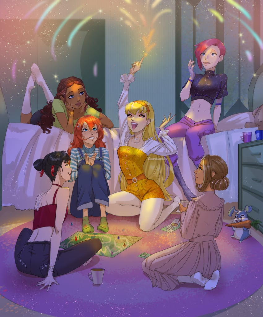 bloom, stella, flora, musa, tecna, and 2 more (winx club) drawn by carduelis