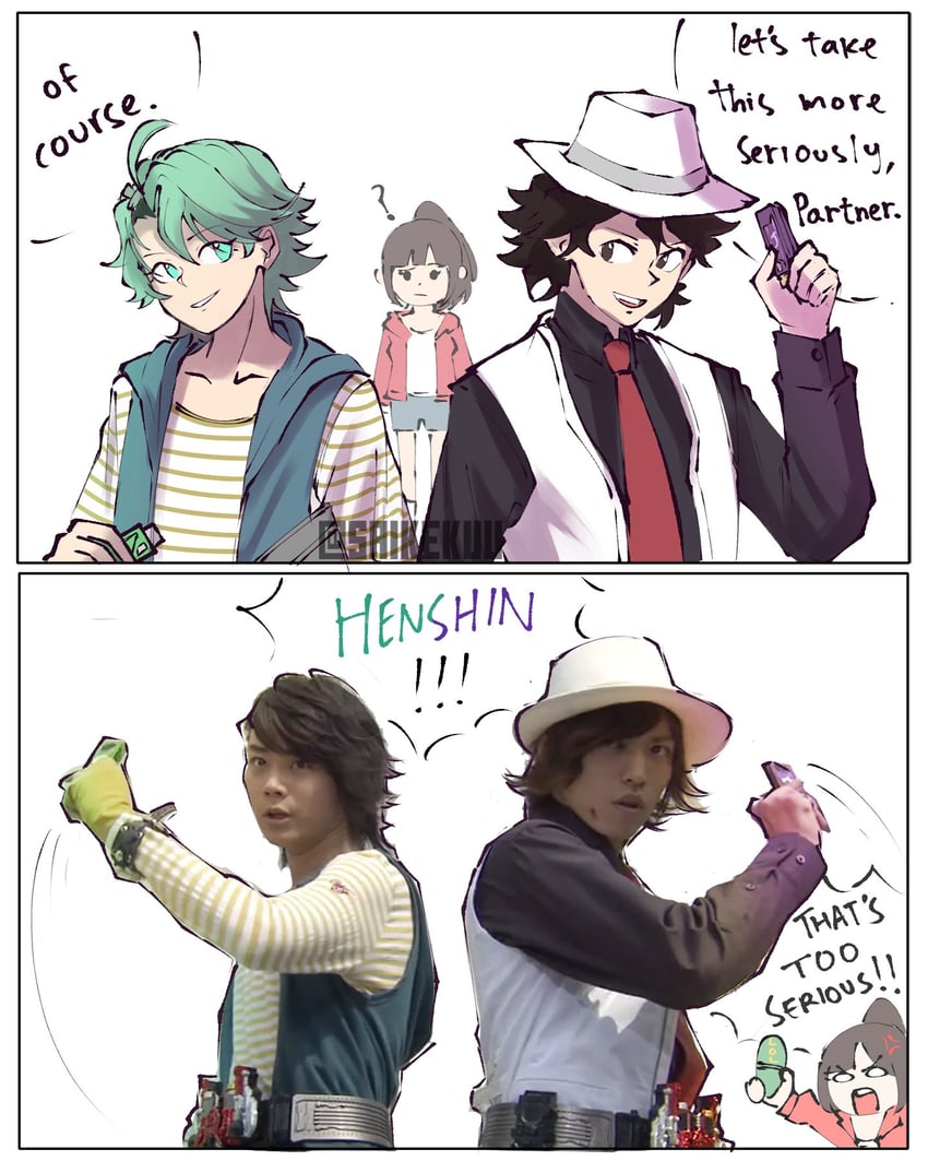 philip, hidari shoutarou, and narumi akiko (kamen rider and 2 more) drawn by saikekuu