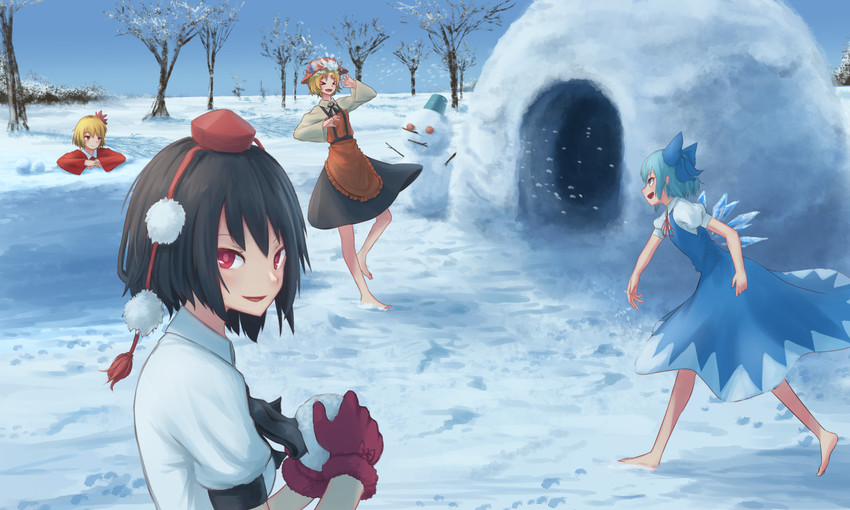cirno, shameimaru aya, aki minoriko, and aki shizuha (touhou) drawn by roke_(taikodon)
