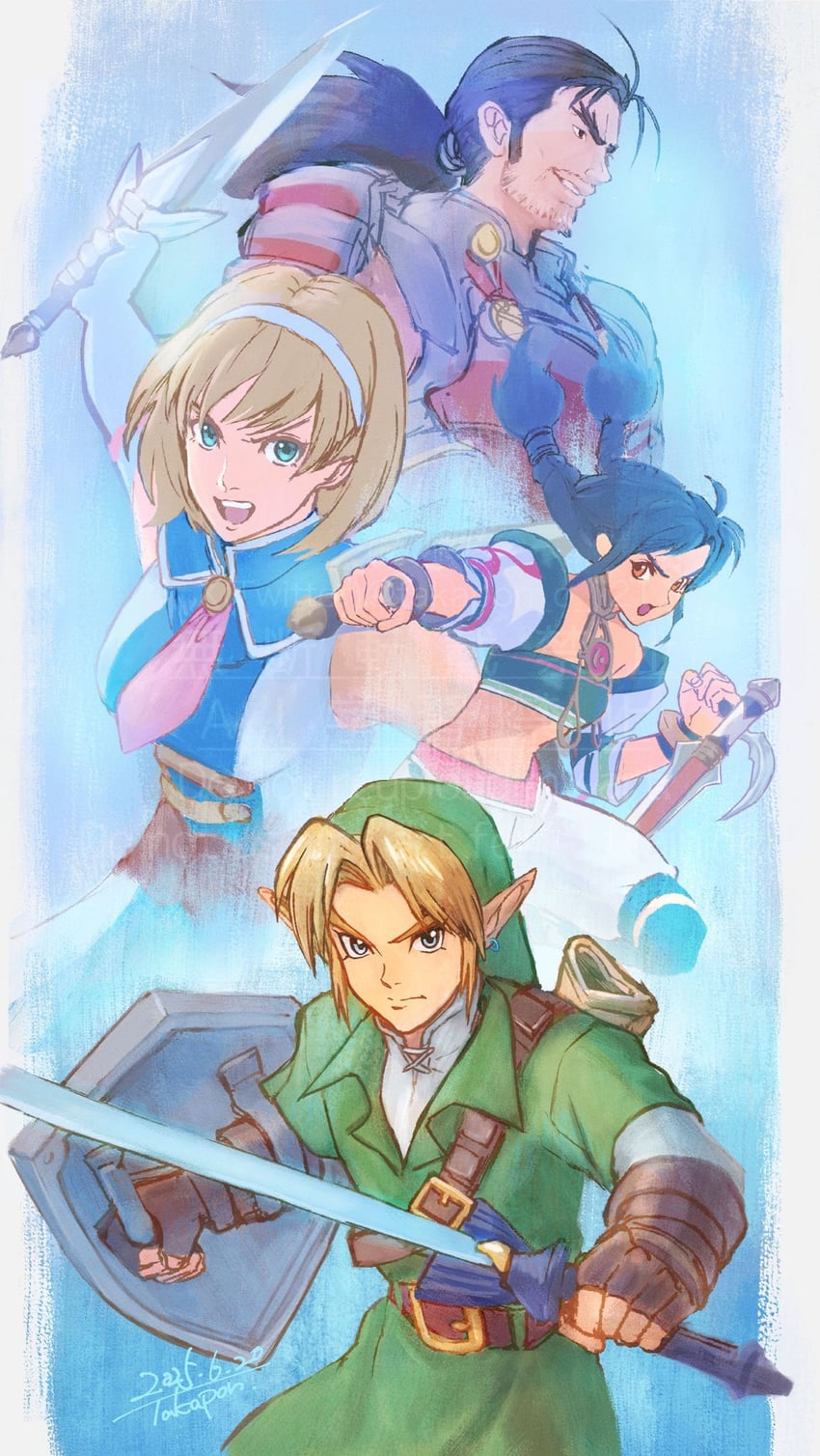 link, cassandra alexandra, talim, and mitsurugi heishirou (the legend of zelda and 3 more) drawn by takapon-o-ji
