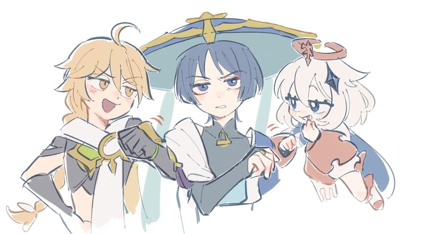 scaramouche, aether, wanderer, and paimon (genshin impact) drawn by ukata