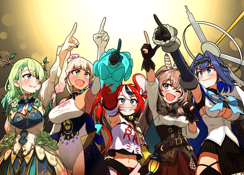 ouro kronii, nanashi mumei, hakos baelz, ceres fauna, and tsukumo sana (hololive and 3 more) drawn by ddolbang