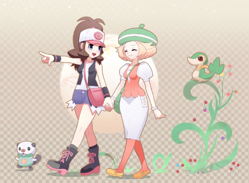 hilda, oshawott, snivy, and bianca (pokemon and 1 more) drawn by makoto_daikichi