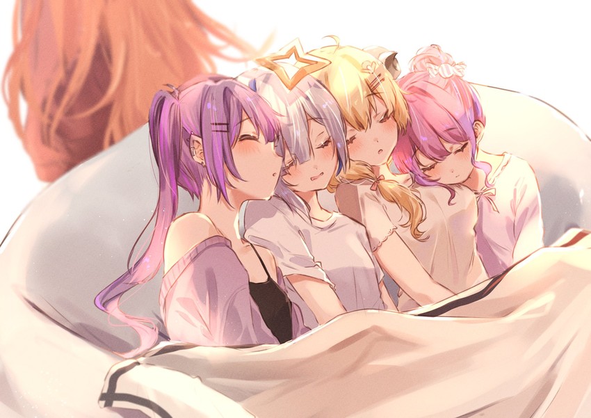 tokoyami towa, amane kanata, kiryu coco, tsunomaki watame, and himemori luna (hololive) drawn by harui_(hr_x9_)