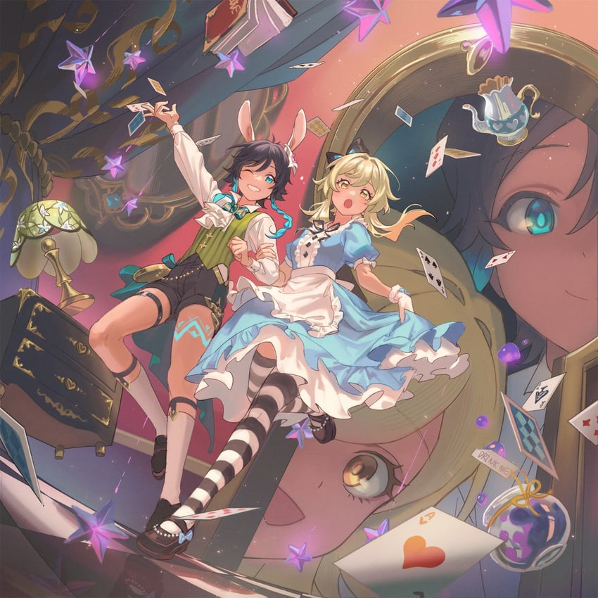 lumine, venti, and alice (genshin impact and 1 more) drawn by fridaynightcat