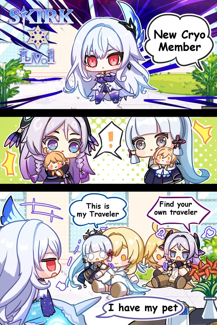 lumine, aether, kamisato ayaka, citlali, and skirk (genshin impact) drawn by pun-rii