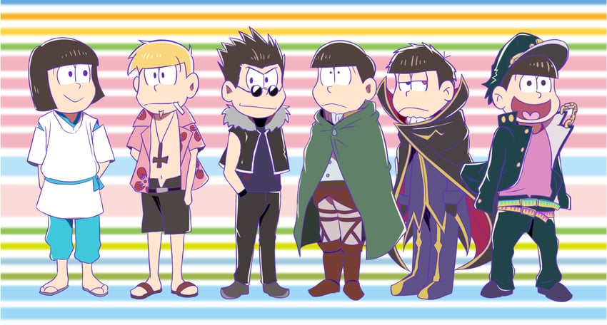 kujo jotaro, lelouch vi britannia, levi, matsuno osomatsu, matsuno karamatsu, and 13 more (jojo no kimyou na bouken and 9 more) drawn by kawayoshi