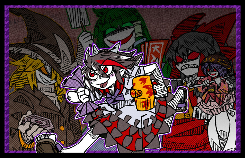 hakurei reimu, kirisame marisa, kochiya sanae, kijin seija, and sukuna shinmyoumaru (touhou and 1 more) drawn by suenari_(peace)