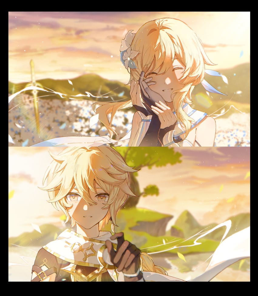 lumine and aether (genshin impact) drawn by yurun_(yurun_ume)