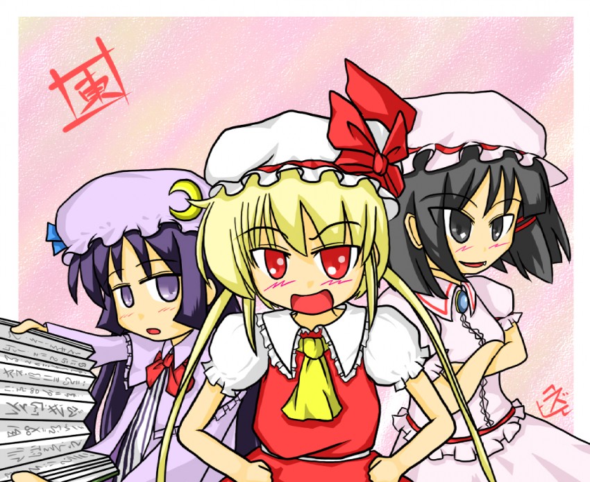 remilia scarlet, flandre scarlet, patchouli knowledge, sanzen'in nagi, aizawa sakuya, and 1 more (touhou and 1 more) drawn by yuzu_hiko