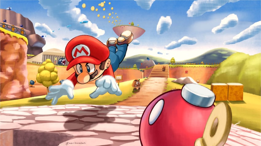 mario, goomba, chain chomp, koopa troopa, king bob-omb, and 2 more (mario and 1 more) drawn by maribou_(supermaribou)