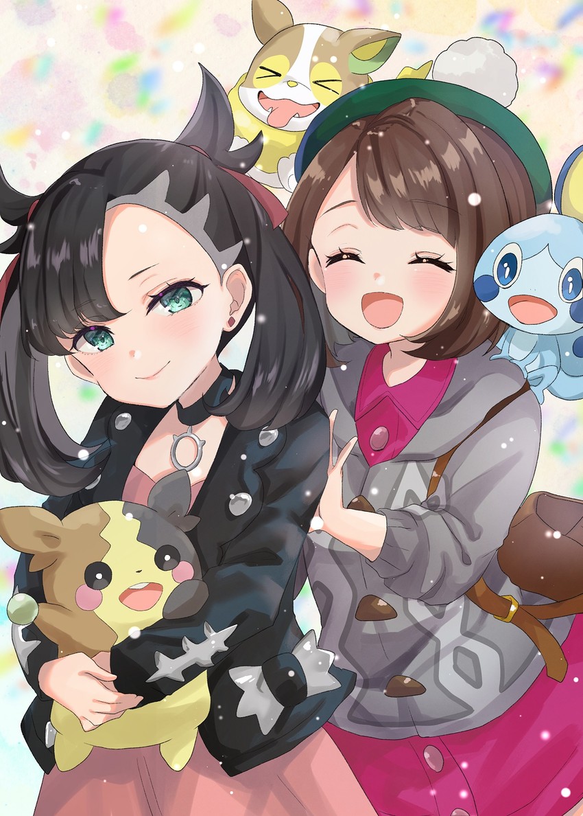 marnie, gloria, morpeko, sobble, and yamper (pokemon and 1 more) drawn by rino_cnc