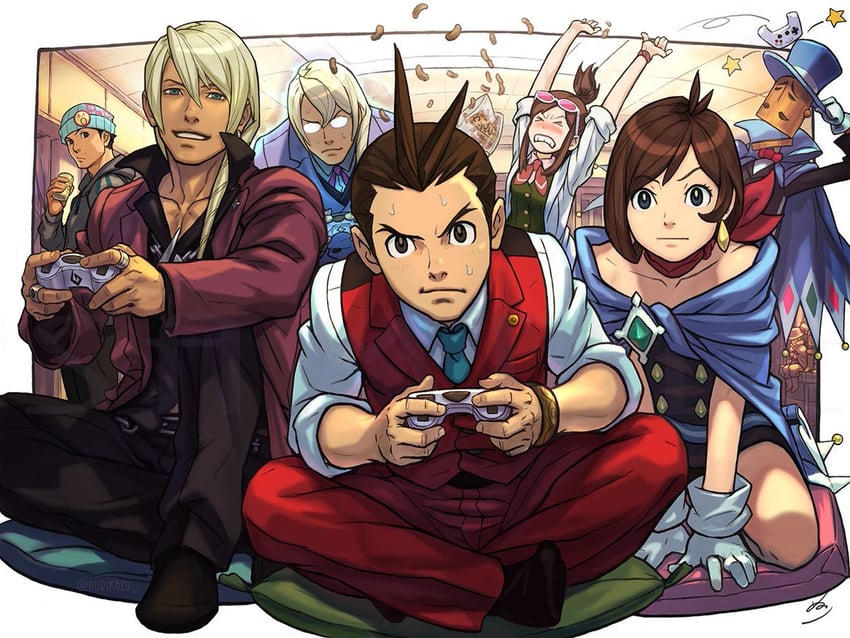 phoenix wright, apollo justice, trucy wright, klavier gavin, ema skye, and 2 more (ace attorney and 1 more) drawn by nuri_kazuya