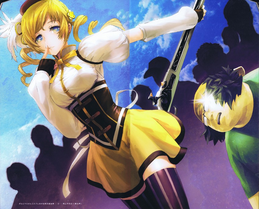 tomoe mami, hashida itaru, and amane yuki (mahou shoujo madoka magica and 2 more) drawn by huke