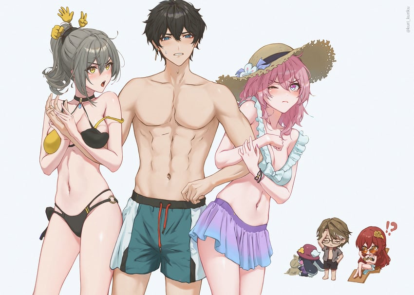 trailblazer, stelle, march 7th, dan heng, himeko, and 2 more (honkai and 1 more) drawn by kuri_kuriku
