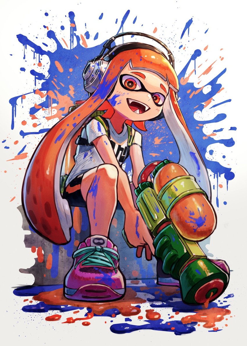 inkling player character, inkling girl, and kaori (splatoon) drawn by kuroi_susumu