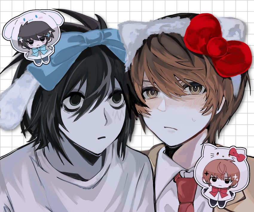 cinnamoroll, hello kitty, yagami light, and l (sanrio and 3 more) drawn by llor_lv