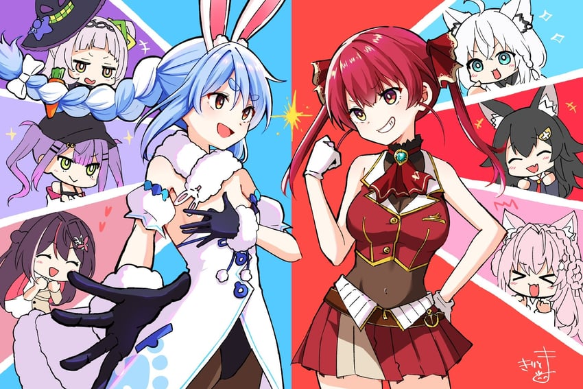 houshou marine, shirakami fubuki, usada pekora, tokoyami towa, ookami mio, and 4 more (hololive) drawn by kiritoma