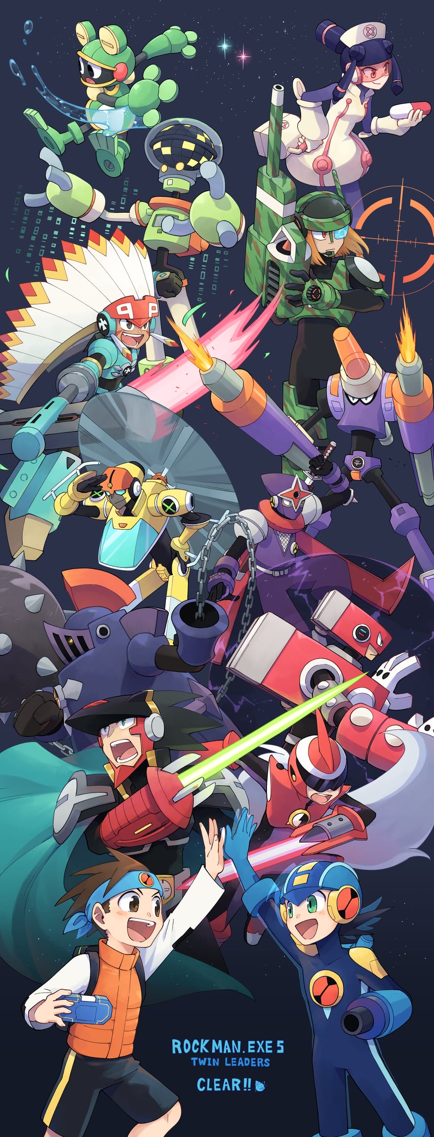 megaman.exe, lan hikari, protoman.exe, meddy.exe, numberman.exe, and 9 more (mega man and 2 more) drawn by kinusaya_endow