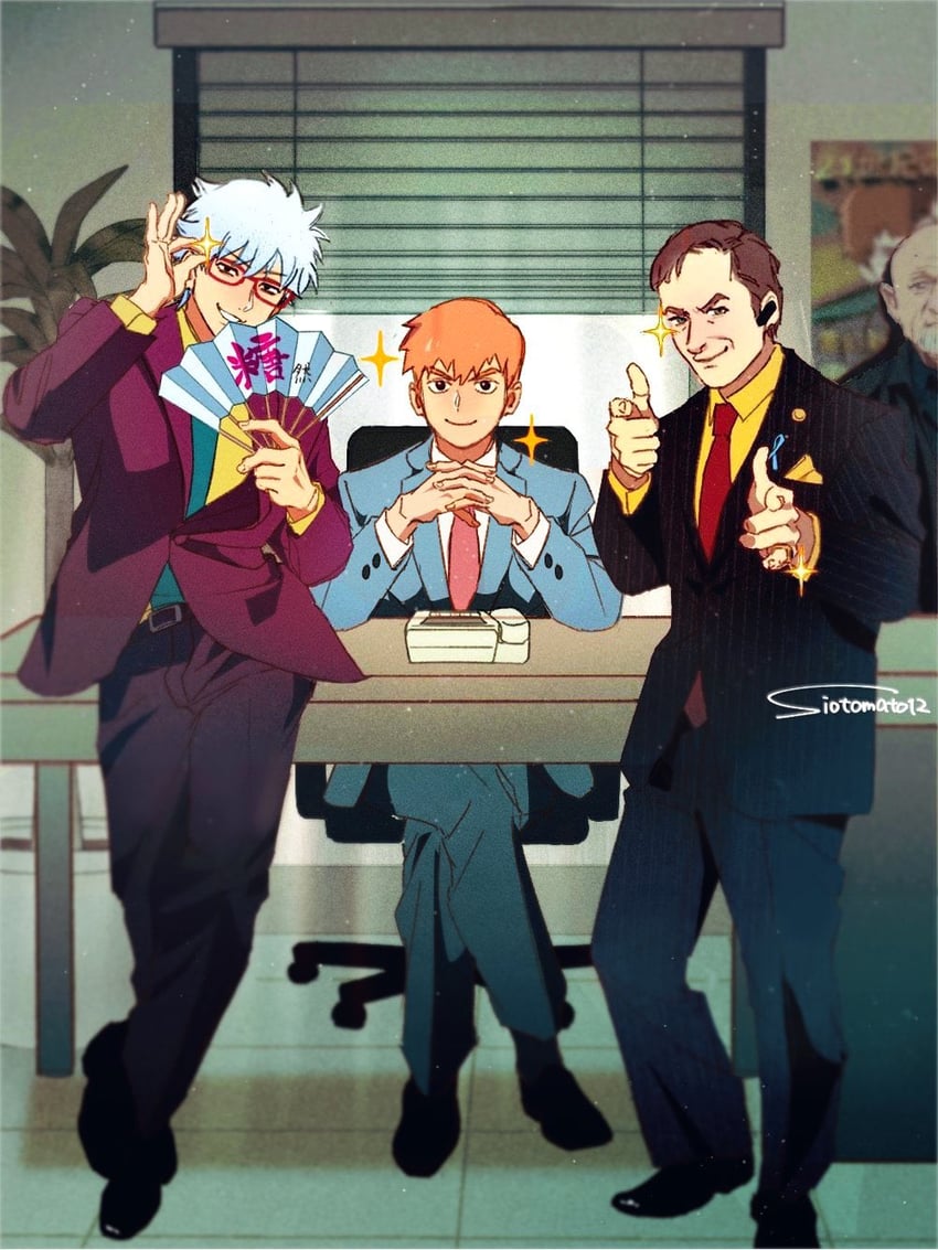 sakata gintoki, reigen arataka, saul goodman, and mike ehrmantraut (gintama and 3 more) drawn by siotomato