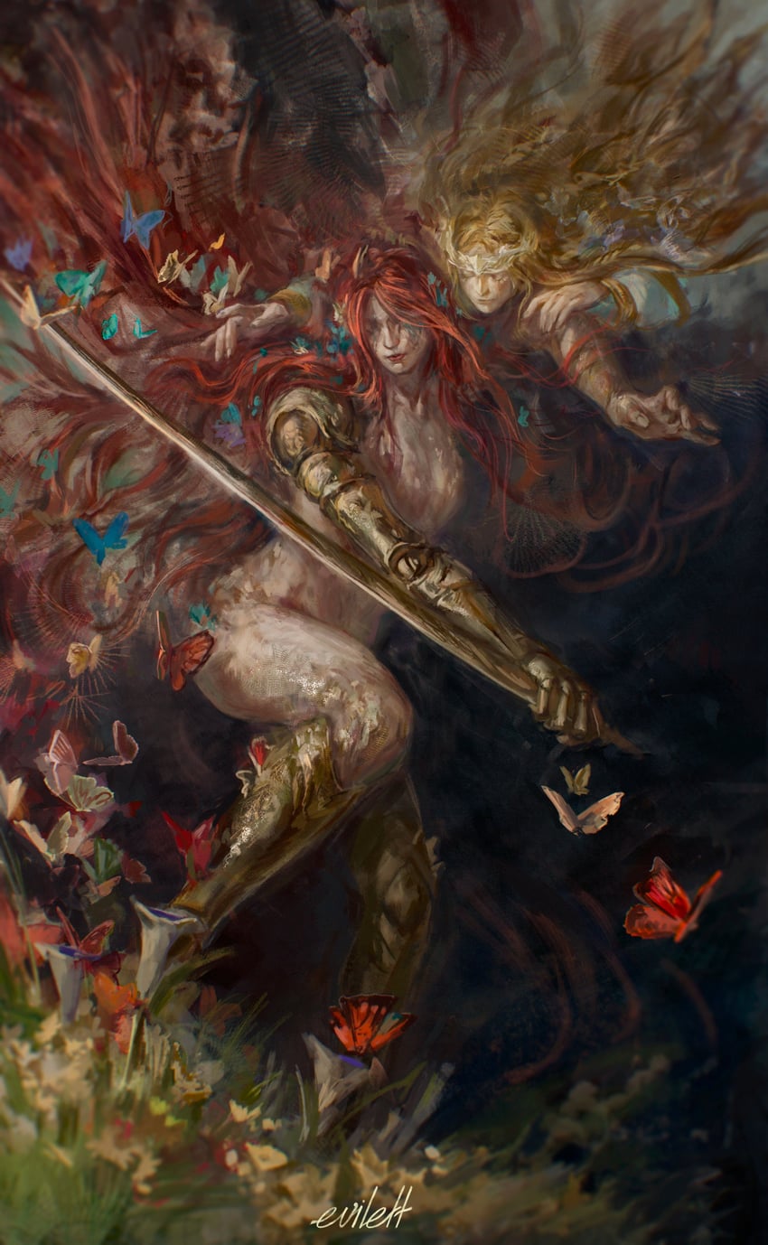 malenia blade of miquella, miquella, and malenia goddess of rot (elden ring) drawn by evilett