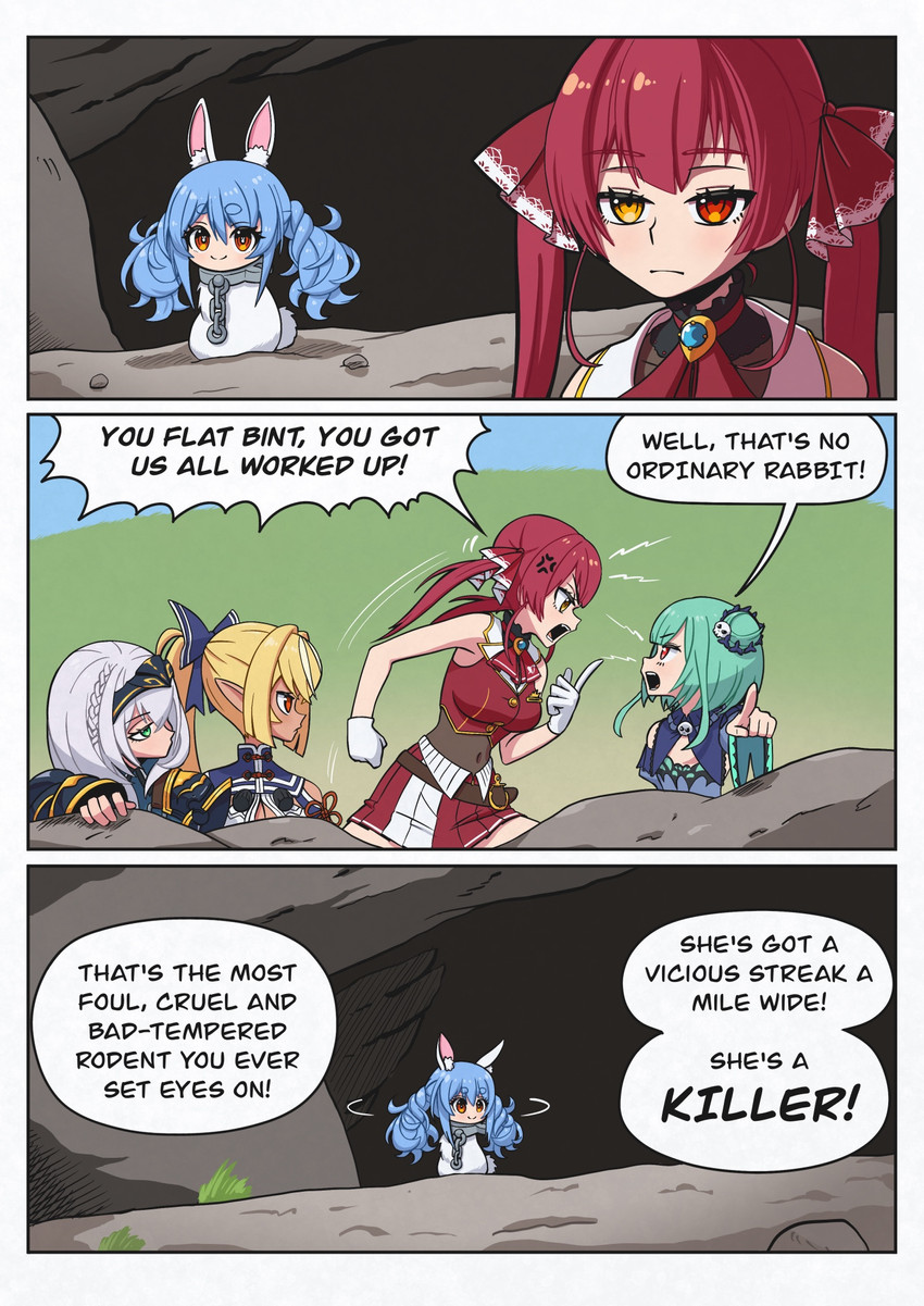 houshou marine, usada pekora, shirogane noel, uruha rushia, shiranui flare, and 1 more (hololive and 2 more) drawn by nyaring943
