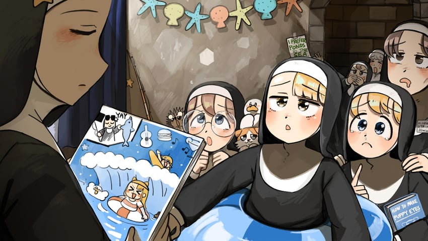 clumsy nun, froggy nun, spicy nun, sheep nun, glasses nun, and 2 more (little nuns) drawn by diva_(hyxpk)