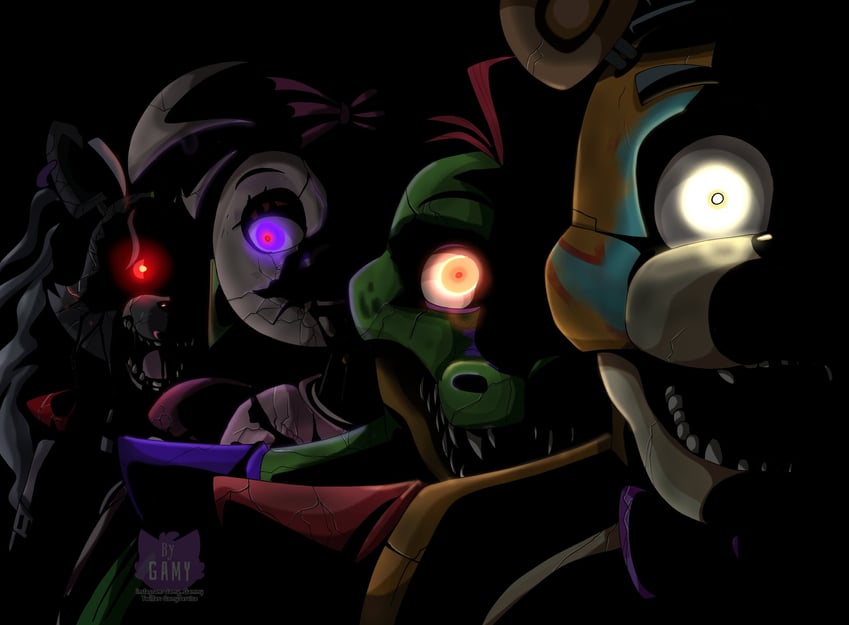 freddy fazbear, chica, glamrock freddy, roxanne wolf, montgomery gator, and 1 more (five nights at freddy's and 1 more) drawn by gamyservice