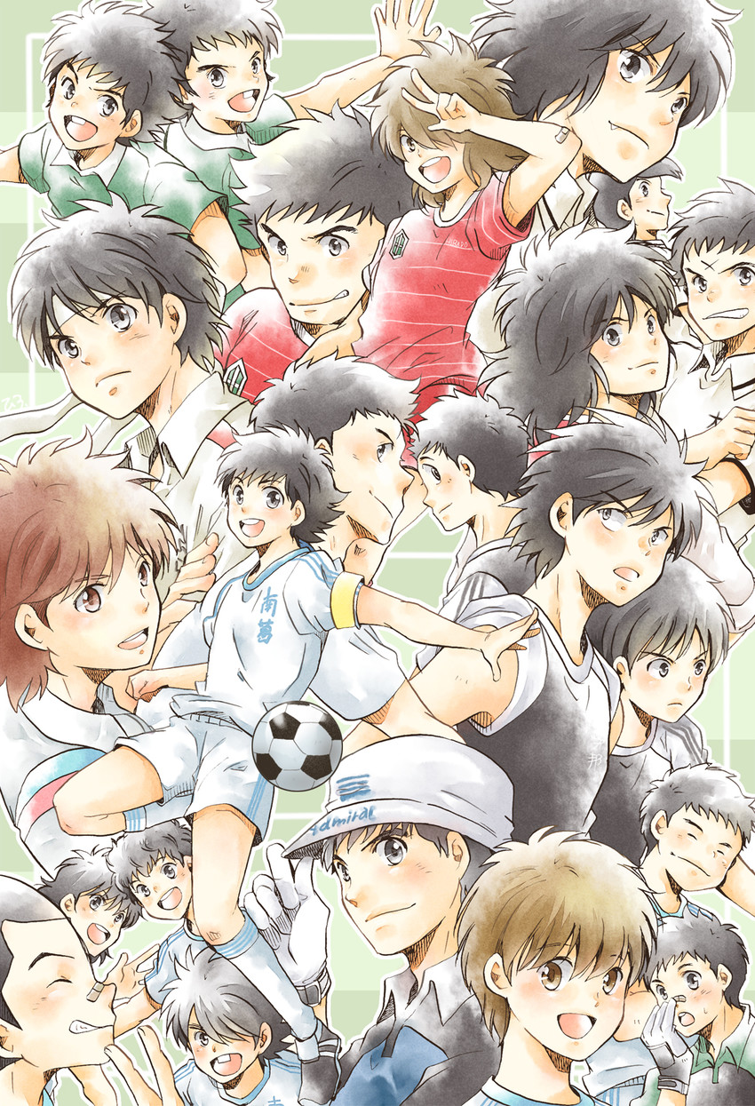 oozora tsubasa, hyuuga kojirou, wakashimazu ken, sano mitsuru, wakabayashi genzou, and 18 more (captain tsubasa) drawn by hiro_(minorstar)