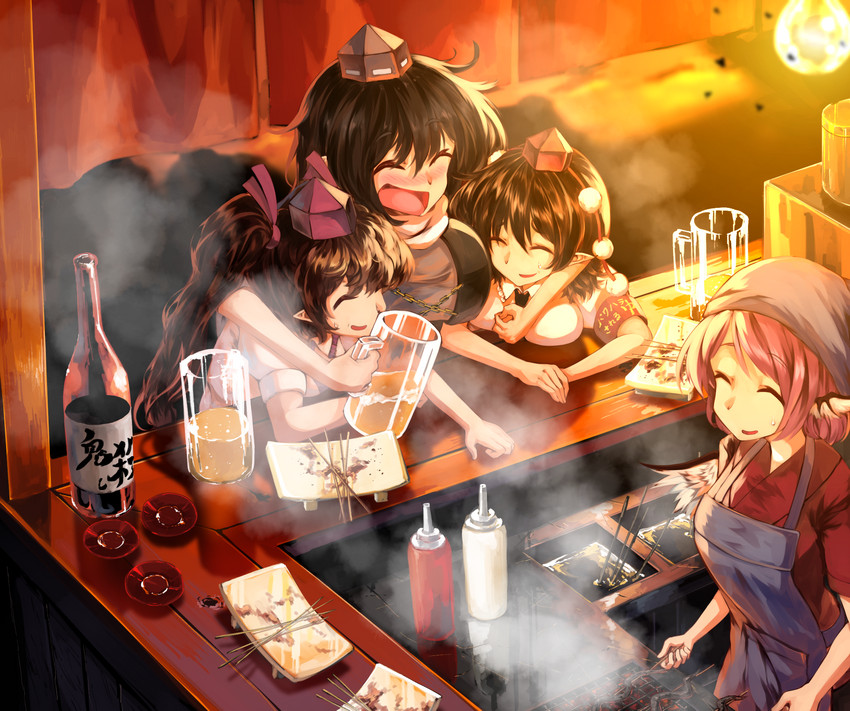 shameimaru aya, mystia lorelei, himekaidou hatate, iizunamaru megumu, and okamisty (touhou) drawn by sunnysideup