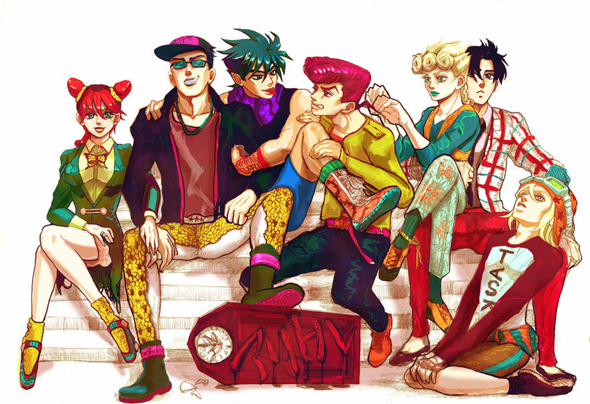 joseph joestar, kujo jotaro, kujo jolyne, giorno giovanna, jonathan joestar, and 2 more (jojo no kimyou na bouken and 7 more) drawn by dani