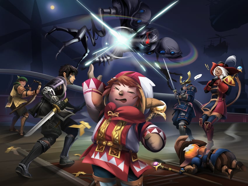 adventurer, black mage, red mage, ninja, samurai, and 2 more (final fantasy and 1 more) drawn by karla_wong