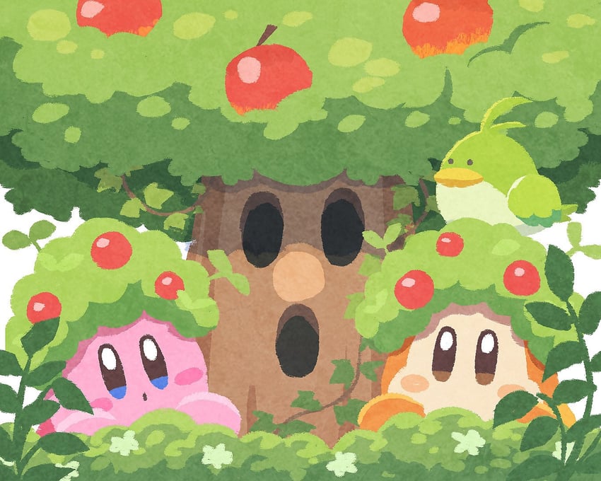 kirby, waddle dee, whispy woods, and pitch (kirby) drawn by miclot