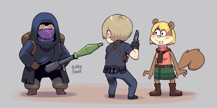 leon s. kennedy, ashley graham, merchant, sandy cheeks, and carolyn lawrence (resident evil and 2 more) drawn by butter_sugoi